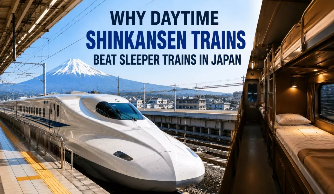 Picture two ways to cross Japan. One option speeds through the countryside at up to 320 km/h while Mt. Fuji rolls past your window. The other locks you in a small cabin overnight and drops you off in a station you can barely see in the pre-dawn light. For most travelers, the smarter choice is clearer than it first appears. Japan's sleeper trains once crisscrossed the entire country. Today, however, only one regular overnight service survives: the Sunrise Izumo/Seto. Meanwhile, the Shinkansen network has grown into one of the fastest, most reliable rail systems on Earth. As a result, the daytime bullet train now wins on nearly every practical measure that matters to travelers. Quick Answer Daytime Shinkansen trains beat sleeper trains in Japan because they travel faster, run far more often, and cost about the same once you add a sleeper surcharge. In fact, a Shinkansen trip frequently takes half the time of an equivalent overnight journey. On top of that, Japan's last remaining sleeper train sells out within minutes of going on sale, so the Shinkansen is usually the only option you can actually book. Key Takeaways The Shinkansen network now reaches nearly every major Japanese city, while only the Sunrise Izumo/Seto still runs as a regular overnight sleeper. A Shinkansen journey often takes less than half the time of the equivalent sleeper train route. Shinkansen fares typically land in the same range as sleeper train fares, and sometimes lower. The Shinkansen averages well under one minute of delay per year — a level of reliability no sleeper train can match. Sleeper train tickets open exactly one month before departure and often sell out within minutes, so most travelers can't rely on one anyway. What Are Shinkansen Trains and Sleeper Trains? The Shinkansen, or "bullet train," is Japan's high-speed rail network. It links Tokyo with major cities such as Osaka, Kyoto, Hiroshima, Sendai, and Fukuoka at speeds of up to 320 km/h (200 mph). Moreover, the network runs almost entirely in daylight, with the first departures before 6 a.m. and the last arrivals around midnight. A sleeper train, on the other hand, runs through the night so passengers can travel while they rest. Japan once operated dozens of these routes under names like the Hokutosei, Twilight Express, and Cassiopeia. Today, though, only the Sunrise Izumo and Sunrise Seto remain, running nightly between Tokyo and the western cities of Izumo and Takamatsu. 1. Speed and Travel Time: The Shinkansen Wins by Hours Speed is where the Shinkansen separates itself most clearly from any overnight alternative. The Tokaido Shinkansen, for example, connects Tokyo and Shin-Osaka in as little as two hours and 21 minutes. On the Tohoku Shinkansen, meanwhile, trains reach up to 320 km/h — roughly the cruising speed of a light aircraft. Now compare that to the Sunrise Izumo. This sleeper train needs about 12 hours to travel from Tokyo to Izumoshi Station. By contrast, the same trip by Shinkansen plus a connecting limited express train takes roughly six and a half hours. Better yet, it happens during the day, so you can actually watch the scenery go by. So even after accounting for the transfer at Okayama, the daytime option still finishes in nearly half the time. 2. Frequency and Flexibility: Every Few Minutes vs. Once a Day Frequency matters just as much as raw speed. On the Tokaido Shinkansen alone, roughly 365 trains run every single day, and departures happen every few minutes during peak hours. Consequently, if you miss one train, another usually arrives within minutes. The Sunrise Izumo/Seto offers no such flexibility. Only one train runs in each direction per day, departing Tokyo at around 9:50 p.m. Therefore, missing this single nightly departure means waiting a full 24 hours for the next chance, or giving up on the sleeper train altogether. 3. Daytime Scenery vs. a Missed View A Shinkansen window seat delivers views that many travelers rank among their trip's highlights. Expect Mt. Fuji, the Pacific coastline, terraced rice fields, and sweeping mountain passes. Since the trains run during the day, none of this scenery goes to waste. Sleeper trains, in contrast, cover most of their distance after dark. Passengers on the Sunrise Izumo do catch a brief sunrise over the Seto Inland Sea. Otherwise, though, they sleep through the bulk of the journey. In other words, the very landscape that makes Japan worth visiting slides by unseen. 4. Comfort and Space Onboard Standard Shinkansen seating already includes generous legroom, a reclining seat, and a fold-down tray table. Passengers who want more can upgrade to Green Car seating or, on select routes, the even more luxurious Gran Class. Either way, everyone gets a proper seat, a clean restroom, and room to move around. By comparison, sleeper train comfort depends heavily on which cabin you book. The cheapest option, the Nobinobi seat, is really just a carpeted floor space behind a low partition. There's no true bed, and the shared shower costs an extra ¥330 per use. Private cabins solve this problem, but only if you pay a significant supplement. Even then, you still need to book one before it sells out. 5. Reliability: A Punctuality Record Few Systems Can Touch The Shinkansen has built its reputation on precision. According to JR Central and JR East data, the network's average delay lands well under one minute per year across the system. Some measurements run as low as 24 seconds. This consistency comes from dedicated tracks, centralized control systems, and tightly scheduled maintenance windows. A single daily sleeper train, however, carries far more risk. If a typhoon, mechanical fault, or line obstruction disrupts the Sunrise Izumo/Seto on any given night, there's no backup service. Passengers simply wait until the following evening for the next train. Thus, the Shinkansen's redundancy — dozens of trains running throughout the day — makes it the safer bet for travelers working around a schedule. 6. Cost: Surprisingly Close, Sometimes Cheaper Many travelers assume a sleeper train saves money by combining transport and accommodation into one overnight ticket. In practice, though, the math works out closer than most people expect. A one-way trip from Tokyo to Izumo costs around ¥21,000 by Shinkansen and limited express train. The Sunrise Izumo costs about ¥16,000 for the no-privacy Nobinobi seat. A private Single cabin, however, climbs to roughly ¥23,000. That's essentially the same price as the daytime option, minus the privacy of an actual hotel room. Rail pass holders face a similar trade-off. The 2026 nationwide seven-day Ordinary Japan Rail Pass costs ¥50,000 and covers most Shinkansen services, aside from a supplement on the fastest Nozomi and Mizuho trains. It also covers the Nobinobi seat on the Sunrise trains at no extra charge, though private sleeper cabins still require a supplement on top of the pass. 7. Booking Ease: One Ticket vs. Dozens of Daily Options Reserving a Shinkansen seat rarely requires much advance planning. Travelers can book reserved seats up to a month ahead, but unreserved cars remain available on most routes for anyone who prefers to walk up and board. Either way, another train usually departs within minutes. Booking the Sunrise Izumo/Seto is a different story entirely. JR releases tickets exactly one month before departure, at 10:00 a.m. JST. By some accounts, more than 90% of departures sold out within minutes in 2025. As a result, many travelers who want the sleeper train experience simply can't get a seat, which pushes them toward the Shinkansen by default. The Decline of Japan's Sleeper Trains Japan's overnight "Blue Trains" once formed a nationwide network. At their peak in 1975, they made 39 round trips a day. Since then, however, the Shinkansen has steadily replaced them, route by route. The retirements came in waves. All Tokyo–Kyushu sleepers, including the Asakaze, ended by 2009. The Akebono followed in 2014. Then, within about a year, both the Twilight Express and the Hokutosei ended in 2015. Finally, the Cassiopeia and Hamanasu made their last runs in March 2016, right as the Hokkaido Shinkansen opened through the Seikan Tunnel. Notably, the Sunrise Izumo/Seto survives precisely because no Shinkansen line currently reaches its route. Neither Shikoku nor the San'in coast has full Shinkansen access yet, so the old sleeper train still fills a genuine gap. As soon as high-speed rail does arrive there, though, history suggests the sleeper train would not last much longer. When Might a Sleeper Train Still Make Sense? None of this means the Sunrise Izumo/Seto has no place in a Japan itinerary. In fact, a handful of situations still favor the overnight option. You want the experience itself. A moving hotel room remains a bucket-list novelty for many rail enthusiasts, and no Shinkansen ride replicates it. Your schedule has an awkward gap. If your day ends late and your next destination starts early, sleeping through the transit time can genuinely save you a travel day. You're comfortable with the Nobinobi seat. Budget travelers who don't mind a shared, no-frills space can occasionally beat the daytime fare. Even so, these scenarios remain the exception rather than the rule. For most trips, the practical case for the Shinkansen stays overwhelming. Shinkansen vs. Sleeper Train: Quick Comparison Factor Daytime Shinkansen Sunrise Izumo/Seto (Sleeper) Top speed Up to 320 km/h (200 mph) Standard limited-express speed on conventional track Frequency Multiple departures per hour on major routes One train per direction, once a day Tokyo–Izumo travel time About 6.5 hours About 12 hours One-way fare (approx.) ~¥21,000 ¥16,000–¥23,000, depending on cabin Average delay Well under one minute No published network average; a missed train means a 24-hour wait Booking window Reserved seats up to 1 month ahead; unreserved cars often same-day Opens exactly 1 month ahead; often sells out within minutes JR Pass coverage Most trains covered; Nozomi/Mizuho need a supplement Nobinobi seat free; private rooms need a supplement Daytime scenery Full views of Mt. Fuji, coastline, and countryside Mostly missed while passengers sleep Frequently Asked Questions Is there still a sleeper train in Japan? Yes, but only one. The Sunrise Izumo and Sunrise Seto run nightly between Tokyo and the cities of Izumo and Takamatsu. Together, they remain the last regularly scheduled overnight sleeper service in the country. How fast is the Shinkansen? The fastest Shinkansen trains reach up to 320 km/h (200 mph) in regular commercial service, particularly on the Tohoku Shinkansen. Most other lines, however, including the Tokaido Shinkansen between Tokyo and Osaka, top out closer to 285 km/h. Is the Shinkansen cheaper than a sleeper train? Usually, the two options land in a similar price range. A Shinkansen-plus-limited-express ticket often costs about the same as a private sleeper cabin, while the cheapest sleeper seating can occasionally undercut it. Can I use the Japan Rail Pass on a sleeper train? Yes. The JR Pass covers the Nobinobi seat on the Sunrise Izumo/Seto with no extra charge. However, private cabins such as the Single or Single Deluxe still require a paid supplement on top of the pass. Why did Japan get rid of most of its sleeper trains? The Shinkansen made overnight travel largely unnecessary. As high-speed lines reached more cities, aging sleeper trains steadily lost riders, so JR operators retired them one by one between 2009 and 2016. Is the Shinkansen more comfortable than a sleeper train? For daytime travel, yes. Every Shinkansen passenger gets a proper reclining seat, a clean restroom, and generous legroom. By comparison, sleeper train comfort varies widely by cabin type, and the cheapest option offers only a shared carpeted floor space. Final Verdict Why Daytime Shinkansen Trains Beat Sleeper Trains in Japan